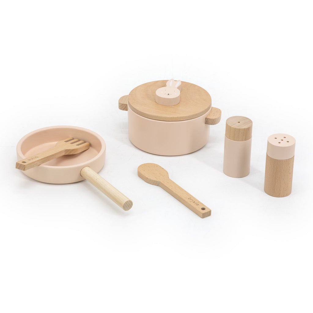 Holz Spielküche Kochset mit Pfanne, Besteck und Topf - in Rosa, Gelb oder Orange