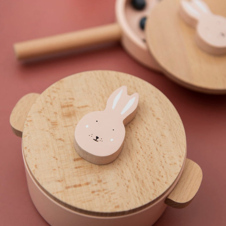 Holz Spielküche Kochset mit Pfanne, Besteck und Topf - in Rosa, Gelb oder Orange